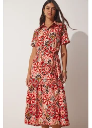 Happiness İstanbul Women's Brick Beige Patterned Summer Cotton Shirt Dress MX00100