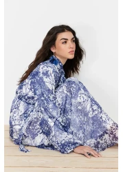  Modest Blue Floral Patterned Lined Long Chiffon Evening Dress TCTSS24EB00040