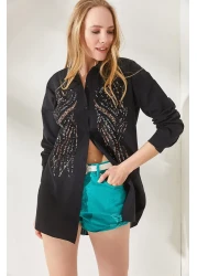 Olalook Women's Black Sequin Sequin Detailed Oversize Shirt GML-19001106
