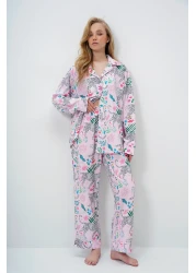 Trend Alaçatı Stili Women's Powder Piping Detailed Digital Printed Satin Long Shirt and Pants Pajama Set Pjm-X13913