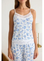  Collection Blue-Multicolor Floral Lace and Ribbon/Bow Detail Viscose Knitted Pajamas Set Thmss20Pt0134