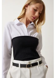 Happiness İstanbul بلوزة قميص بولو بياقة بولو بيضاء وسوداء للنساء AN00174