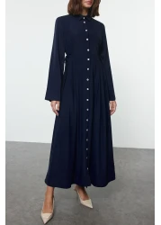  Modest Navy Blue Lacing Button Detailed Woven Shirt Dress Tctaw25Eb00087