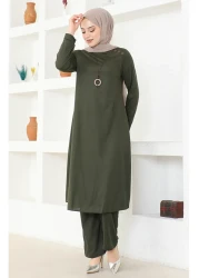 sefamerve Khaki Necklace Tunic and Trousers Set - 0580-04