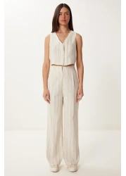 Happiness İstanbul بدلة بنطلون نسائية من الكتان المخطط باللون الأسود الكريمي BV00129