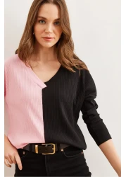 Olalook بلوزة نسائية باللون الوردي والأسود ذات ملمس ناعم BLZ- 19002780
