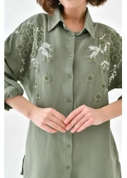 MVStore طقم قميص وبنطلون نسائي كبير الحجم من الكتان المطرز بنقشة الزهور