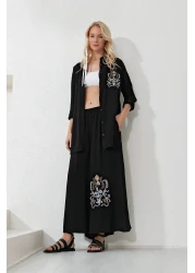 Trend Alaçatı Stili Women's Black Back and Front Embroidered Long Shirt and Loose Trousers Set ALC-X11915