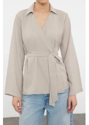  Collection Gray V-Neck Woven Blouse - Double Breasted and Tie Detailed TWOSS24BZ00371