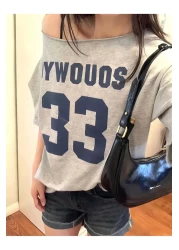 Machetta تي شيرت نسائي برقبة قارب Oywouos مطبوع كبير الحجم مصنوع من القطن بنسبة 100%