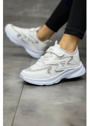 BOUIS Children's White Lace-Up Single Velcro Flexible Light Breathable Unisex Mesh Sneaker Sports Shoes