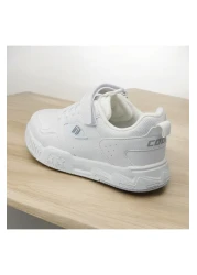 JOJO KIDS حذاء رياضي فيلكرو من الجلد الأبيض المسطح للأطفال من الجنسين، حذاء رياضي خفيف للغاية