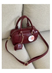 BAGLOVİS Small Leather Charm Detail Small Burgundy Women's Shoulder Bag