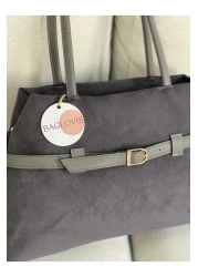 BAGLOVİS Extensible Suede Gray Shoulder Bag with Front Buckle Detail