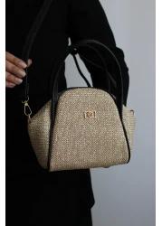 Mimoza حقيبة يد وكتف نسائية من الجلد الصناعي الأسود المزخرف بالقش