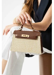Mimoza Women's Straw - Tan Leather Detailed Hand and Shoulder Bag