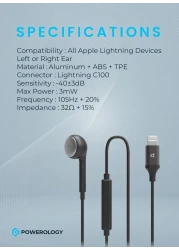 Powerology Single Earphone with MFi Connector, High Clarity Audio, Active In-Line Control Buttons, Siri Enable, HD Sound, 1.2m Cable, Aluminum + ABS + TPE - Black
