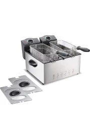 Stainless Steel Double Deep Fryer 6L with Window Lid &ndash; Dual Basket Electric Fryer with Oil Container, Adjustable Temperature &amp; Timer, for Kitchen &amp; Restaurant Use
