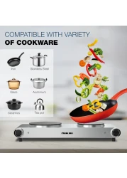 Radiotronics Double Hot Plate - Twin Cooktop, 2500W Power, Adjustable Thermostat, Overheat Protection, Die Cast Iron Hotplates, Stainless Steel Body, Easy Control, Power indicator light