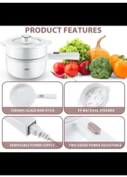 1.6L Rapid Noodles Cooker, Multifunctional Electric Pot, Portable Ramen Cooker, Non-stick Mini Hot Pot for Steak, Egg, Oatmeal, Soup with Power Adjustable