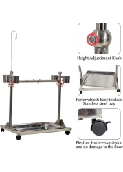 Bird stand, Adjustable stainless steel parrot stand Toy hook, Food bowls, Standing perch, Removable tray, and universal wheels, Bird play stand for indoor and outdoor 141 cm (Silver)