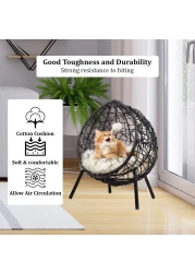 Rattan cat basket chair with soft comfy cushion and play ball, Luxury rattan pet furniture for indoor and outdoor use, Suitable for cats and small dogs 60 cm (Black)