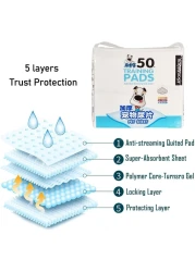 Dog training pads for Indoor, Leak-proof 5-layer training pads with quick-dry surface prevents tracking, Ultra absorbent and odor eliminating, 50Pcs Medium Set 60 cm L (blue color)