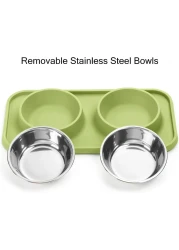 MahMir&reg; Cat Food and Water Bowls, Bowls Non-Skid and Non-Spill Silicone Mats with Stand, Removable Stainless Steel Water Dishes for Cats, Small Size Dogs (Olive Green)
