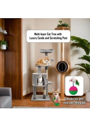 Multi-layer cat tree with Mice balance swing tumbler ball, Interactive toy ball, Indoor cat tree tower with Soft fabric condo, Top perch, and Sisal scratch post, Cat activity tower 112 cm (Grey)