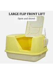 Fully enclosed cat litter box with Transparent door, Litter scoop, and Sand drop pedal, Spacious &amp; Splash-proof design cat toilet for indoor cats, Odor-resistant 65 cm (Yellow)