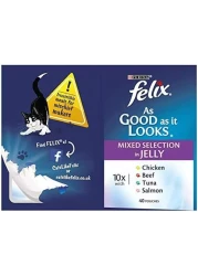 Felix As Good As It Looks Mixed Selection In Jelly Cat Food, 40 Pouch Jumbo Pack with Salmon, Chicken, Beef and Tuna 40 x100g,
