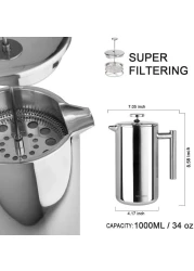 Secura French Press Coffee Maker 304 Grade Stainless Steel Insulated Coffee Press with 2 Extra Screens 34oz 1 Litre Silver