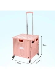 عربة تسوق قابلة للطي باللون الوردي مع غطاء - سعة 40 كجم، عربة بقالة قابلة للطي مع عجلات ومقبض تلسكوبي، حقيبة تخزين محمولة للبقالة