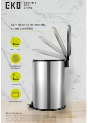 EKO 8L Pedal Bin Serene - Silver Compact Step Round Bin with Soft-Close Lid Fingerprint-Resistant Finish Removable Inner Liner Bag Stabilizer
