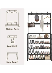 Shoe Racks Storage , Coat and Shoe Rack , Coat Rack with Shoe Storage , Upgrade 5 Tier Shoe Rack , Black Shoe Rack , Shoe Storage Organizer , Shoe Shelf with 8 Hooks for Bedroom , Hallway , Office