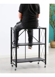 Uujuly Foldable Metal Storage Shelf, Space Saving 3-Tier Kitchen Shelving Storage Rack, Large Capacity Iron Wire Collapsible Shelves Organiser For Bedroom Living Room Office Garage No Assembly (Black)