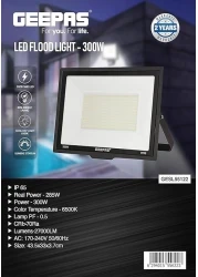 Geepas 300 W LED Flood Light, GESL55122, 27000 Lumens And 6500k Color Temperature, 80% Energy Efficient LED Light, Perfect For Outdoor Spaces, Sports Arenas, Parking Lot, Black - 2 Year Warranty