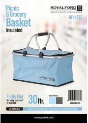 Royalford 30L Insulated Picnic And Grocery Basket- Rf11375 Multi-Purpose Utility Basket With Aluminum Handle And Lid Break-Resistant, Light-Weight, Stylish Construction Blue
