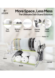 LIFE SMILE Dish Rack - 2 Tier Countertop Dish Drying Stand With Removable Drip Tray - 304 Stainless Steel with Utensil Holder and Cups Holder - Anti Slip and Rust Proof Dish Drainer