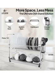 LIFE SMILE Dish Rack - 2 Tier Countertop Dish Drying Stand With Removable Drip Tray - 18/10 Stainless Steel with Removable Utensil Holder - Anti Slip and Rust Proof Dish Drainer