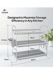 LIFE SMILE Dish Rack - 3 Tier Countertop Dish Drying Stand With Removable Drip Tray - Pure Aluminum with Cutlery Holder and Cups Holder - Anti Slip and Rust Proof Dish Drainer