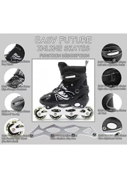 EASY FUTURE Inline Skates Adjustable Size Roller Skates with Flashing Wheels Children Skate Shoes Including Protective Gear Knee Elbow Wrist Black Large (39-42)