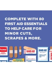 Johnson Johnson Travel Ready Portable Emergency First Aid Kit for Minor Wound Care with Assorted Adhesive Bandages Gauze Pads More Ideal for Travel Car OnTheGo 80 pc