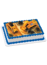 DecoPac Construction Dig Cake Decoration 2 Piece Cake Topper Set with Dump Truck and Moveable Excavator Food Safe Ready to Use For Birthday Themed Parties Celebration Yellow 11826