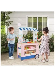 مجموعة ألعاب عربة طعام للأطفال مكونة من 30 قطعة - مجموعة ألعاب متجر بقالة خشبية مع سجل نقدي وميزان ومنصة متجر حلويات وعربة بقالة تظاهرية