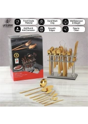 LIFE SMILE Cutlery Set, 18/10 Pure Stainless Steel Flatware Set with Stand, Rust Proof &amp; Fade Proof Dinnerware Set (SHINE GOLD &amp; SAND BLASTING HANDLE, 38 Pieces)