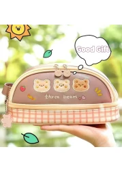 ORTROLA Double Layer Stationery Organizer Box Cute Bear Big Size Pencil Case with Compartment Office Supply Organizer Stationery Box Best Birthday Present Brown Bear