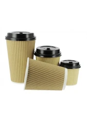YESOCEA [50 Set] 12 oz. Kraft Disposable Coffee Cups With Lids - Triple Wall Ripple Brown Hot Paper Cups for Tea, Drinks To-Go