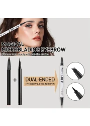 2PCS Waterproof 3D Eyebrow Pen, Dual-Ended Microblading Tattoo Pencil with 4 Fork Tip, Long-Lasting Eyebrow Tint for Natural-Looking Brows (2pcs-05 Black)