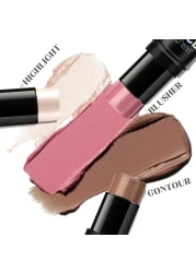 3 Colors Cream Contour Highlighter Blush Stick Trio Set with Dual Head Brush Waterproof Longlasting Bronzer Blusher for Cheeks Matte Dewy Finish Multifunctional Face Professional Makeup Kit